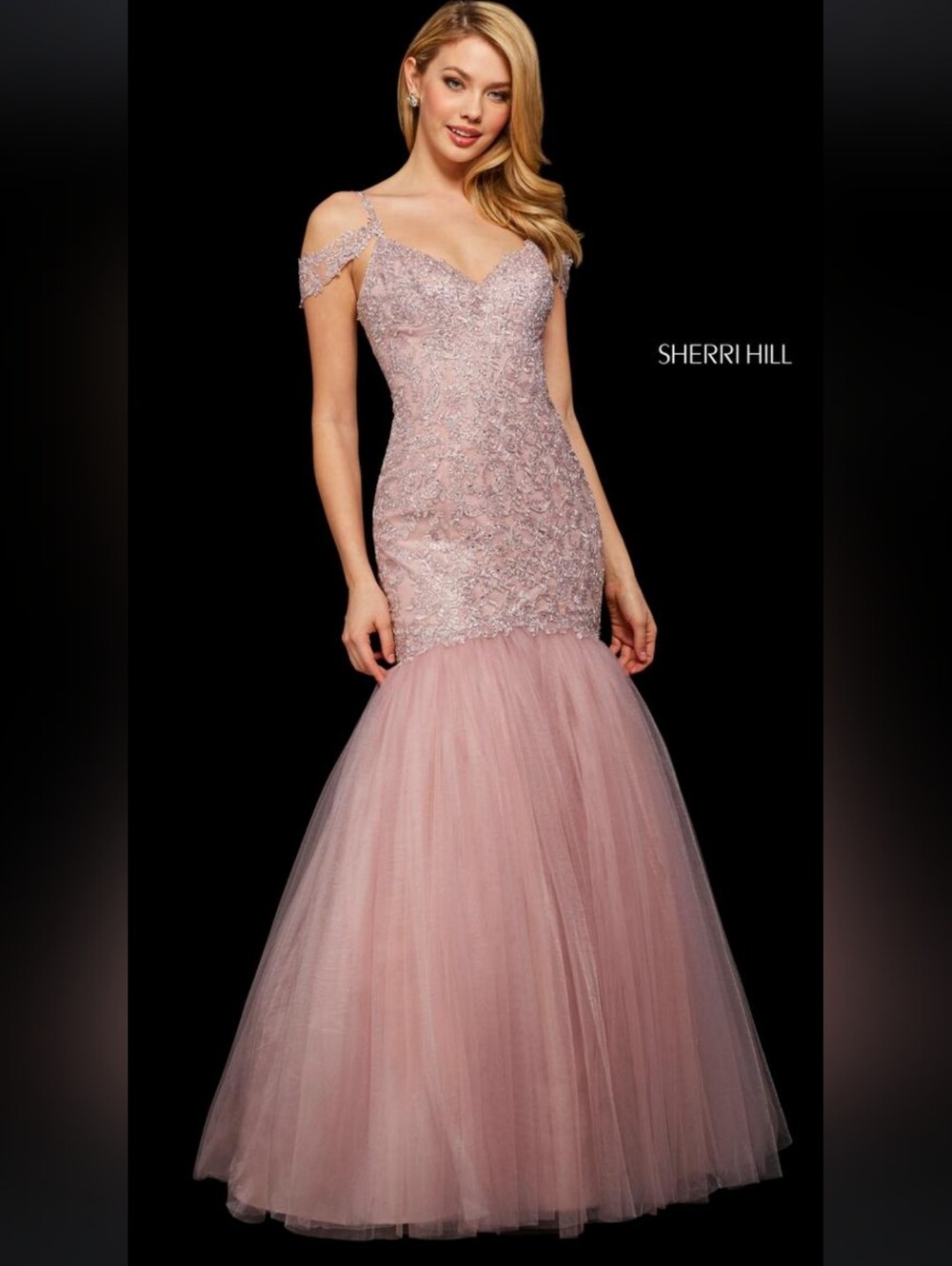Sherri Hill Blush Pink Beaded Mermaid Gown